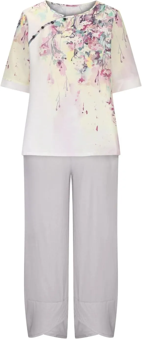 Womens Summer Linen Sets 2 Piece Lounge Sets Half Sleeve T Shirts with Cotton Linen Pants Plus Size Vacation Outfits
