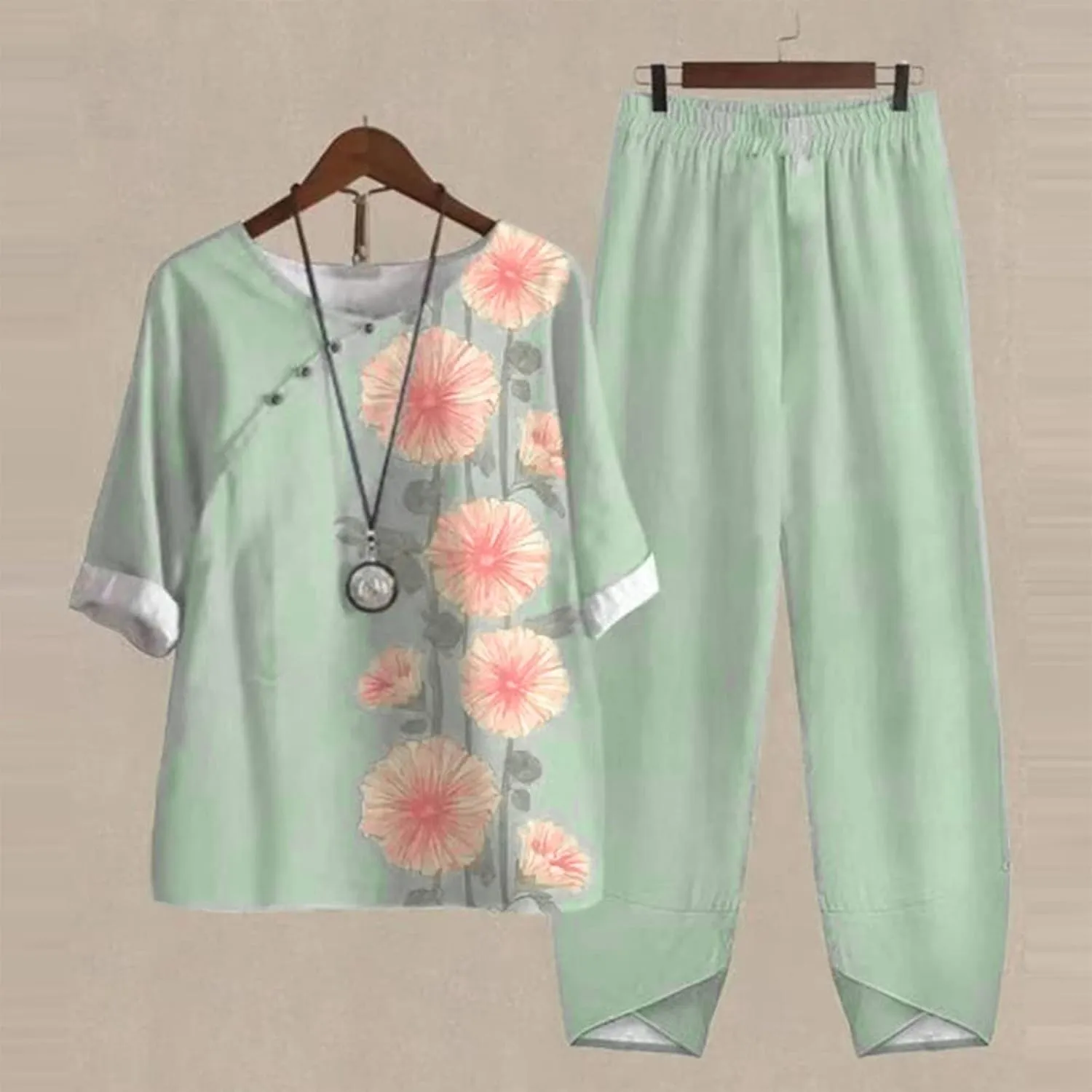 Womens Summer Linen Sets 2 Piece Lounge Sets Half Sleeve T Shirts with Cotton Linen Pants Plus Size Vacation Outfits