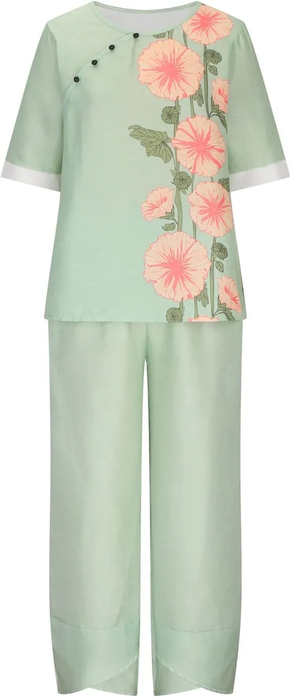 Womens Summer Linen Sets 2 Piece Lounge Sets Half Sleeve T Shirts with Cotton Linen Pants Plus Size Vacation Outfits