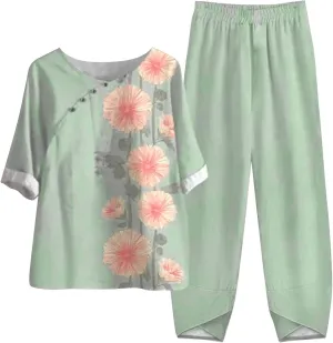 Womens Summer Linen Sets 2 Piece Lounge Sets Half Sleeve T Shirts with Cotton Linen Pants Plus Size Vacation Outfits