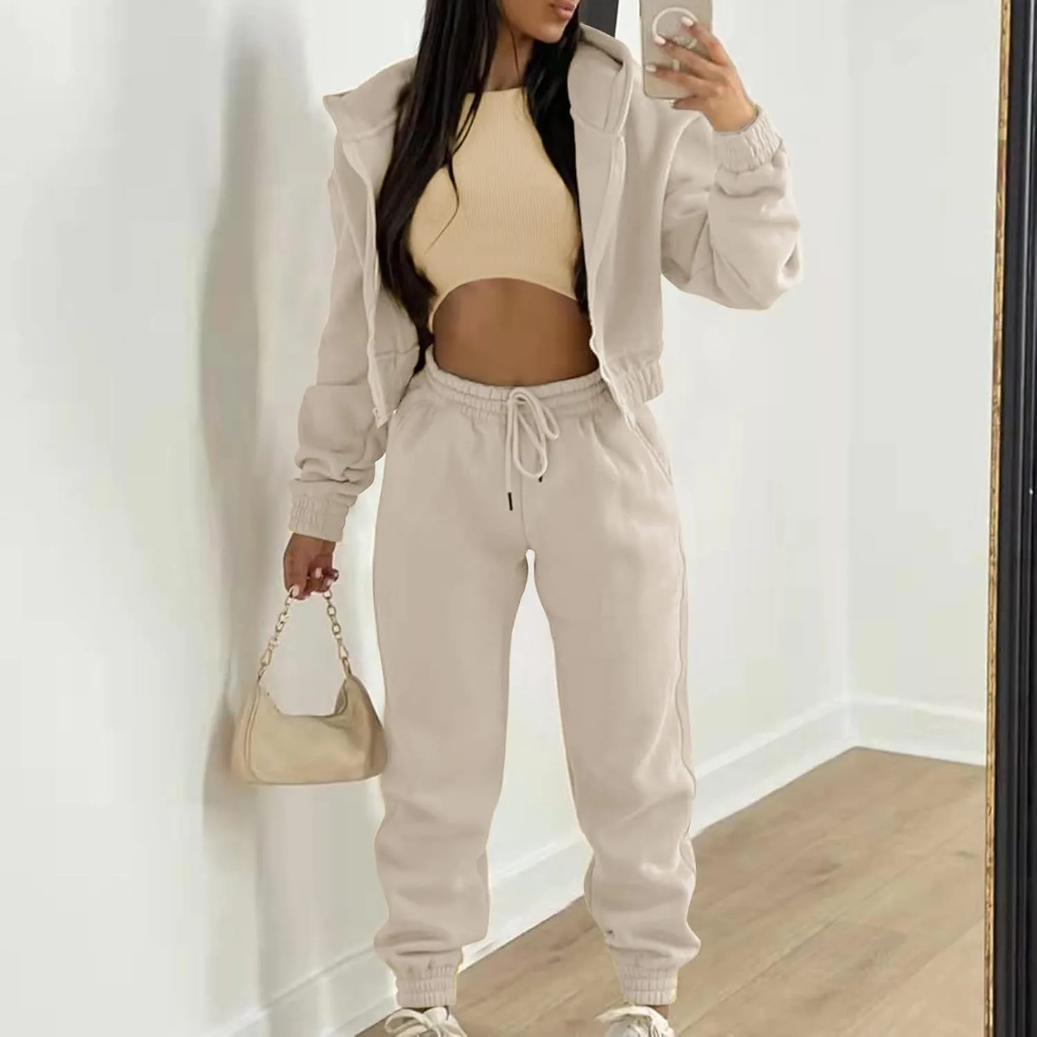 Womens Sweatsuits 3 Piece Set, Loose Pullover Hoodies Tops and Sweatpants Tracksuit Jogger Set Lounge Matching Set