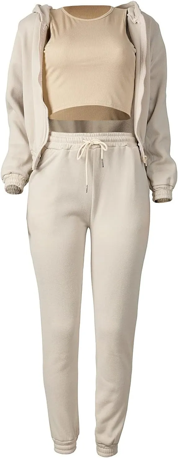 Womens Sweatsuits 3 Piece Set, Loose Pullover Hoodies Tops and Sweatpants Tracksuit Jogger Set Lounge Matching Set