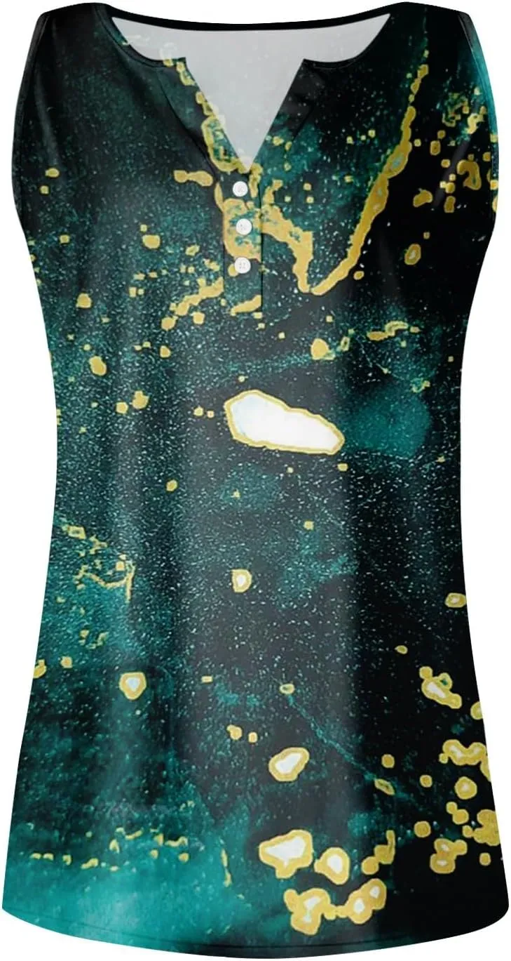 Womens Tank Tops Henley V Neck Button Printed Shirts 2025 Summer Casual Loose Fit Sleeveless Cute Tanks Tee for Women