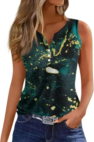 Womens Tank Tops Henley V Neck Button Printed Shirts 2025 Summer Casual Loose Fit Sleeveless Cute Tanks Tee for Women