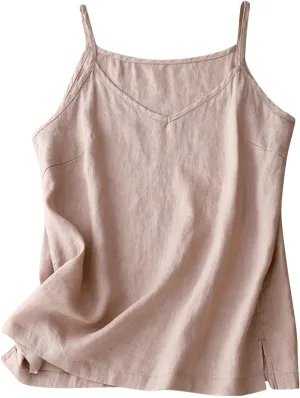 Womens Tank Tops Linen Causal V-Neck Sleeveless Fashion Camisole Tops Summer Loose Fit Spaghetti Strap Cami Shirts