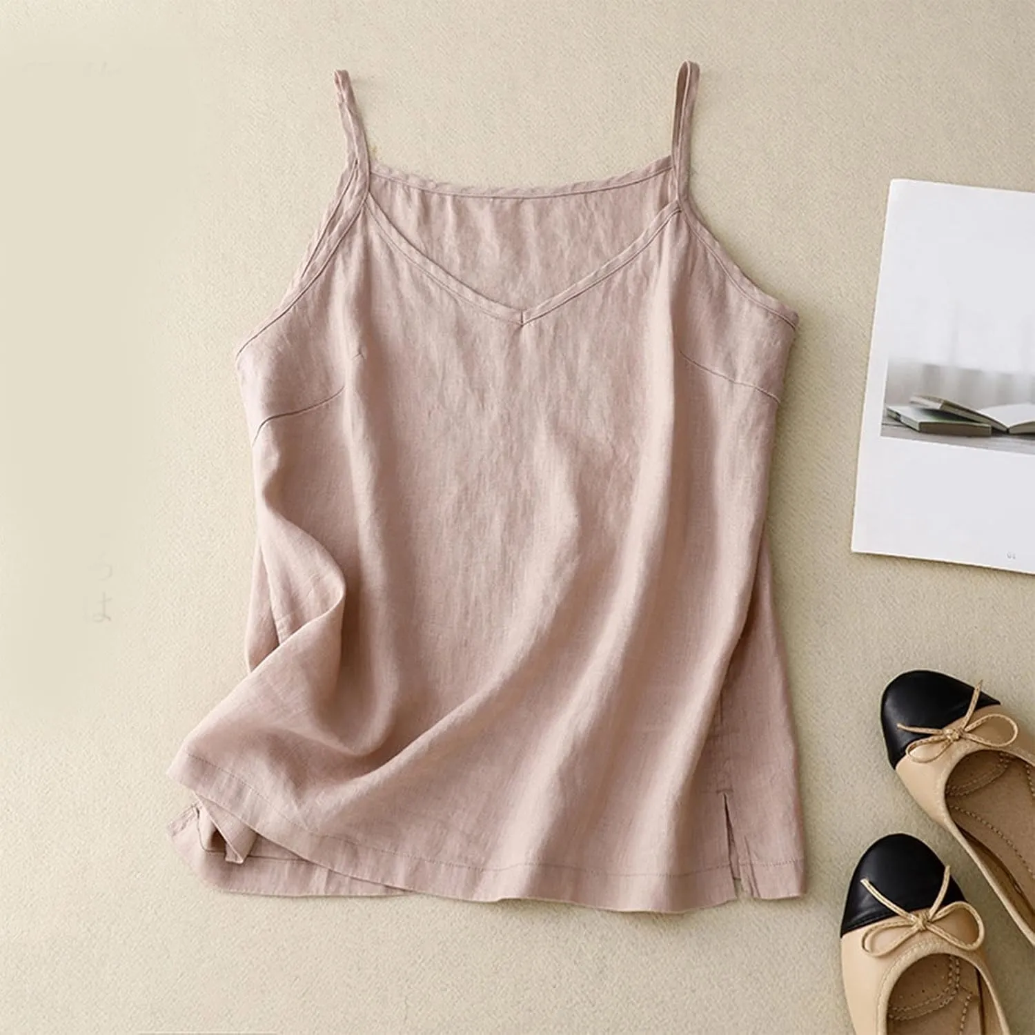 Womens Tank Tops Linen Causal V-Neck Sleeveless Fashion Camisole Tops Summer Loose Fit Spaghetti Strap Cami Shirts