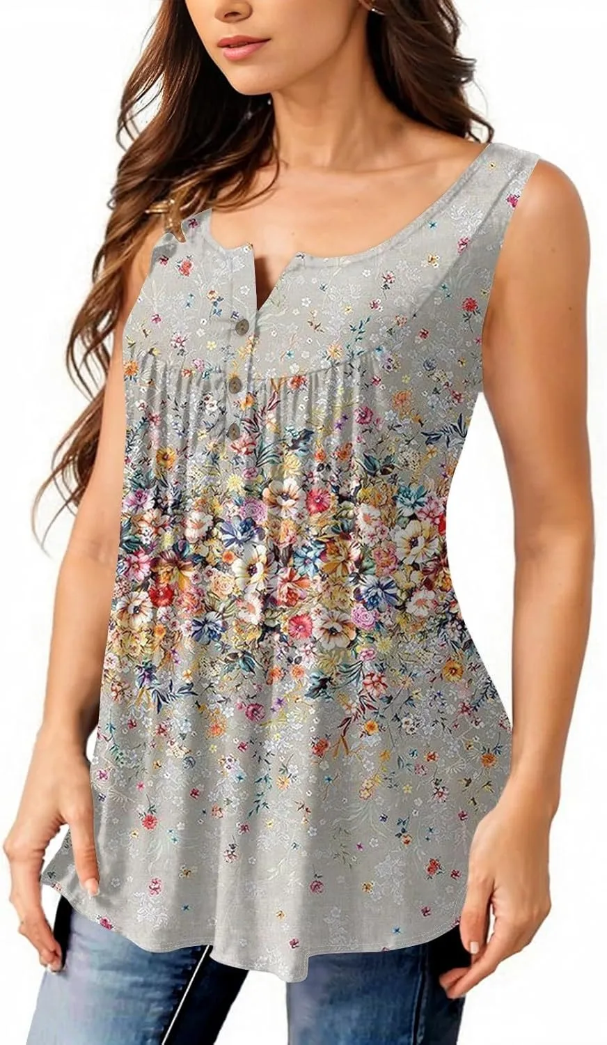 Women's Tanks & Camis Retro Floral Printed Tank Tops Oversized Sleevless Crewneck Pleated Swing Shirts Heleny Blouses