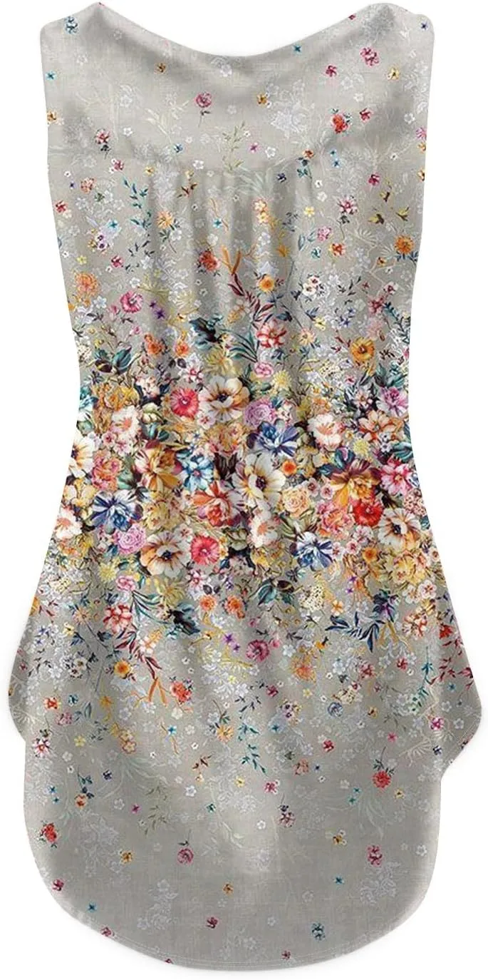 Women's Tanks & Camis Retro Floral Printed Tank Tops Oversized Sleevless Crewneck Pleated Swing Shirts Heleny Blouses