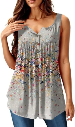 Women's Tanks & Camis Retro Floral Printed Tank Tops Oversized Sleevless Crewneck Pleated Swing Shirts Heleny Blouses