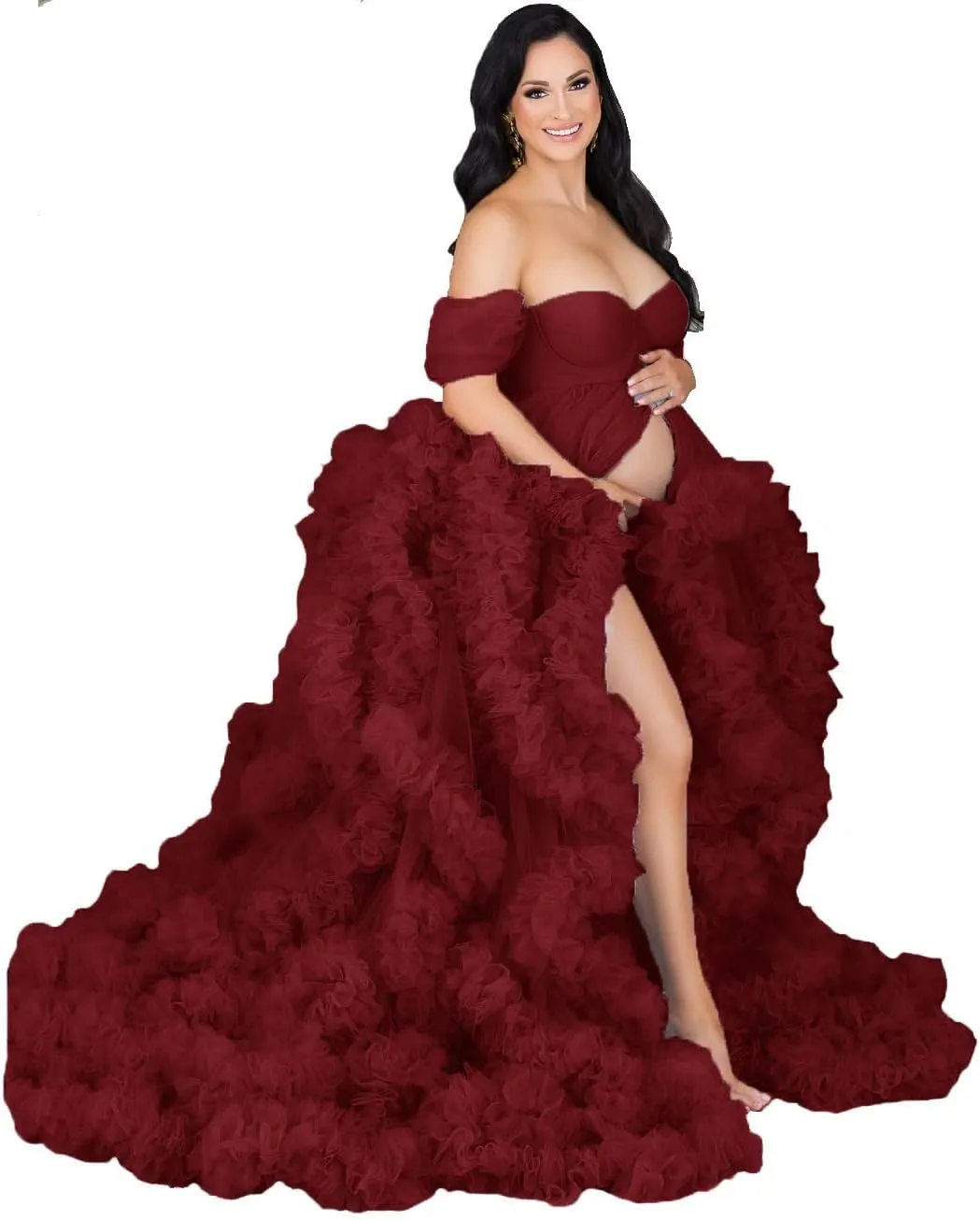 Women's Tulle Maternity Gown for Photoshoot Sheer Ruffled Babyshower Bridal Lingerie Bathgown