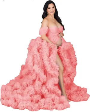 Women's Tulle Maternity Gown for Photoshoot Sheer Ruffled Babyshower Bridal Lingerie Bathgown