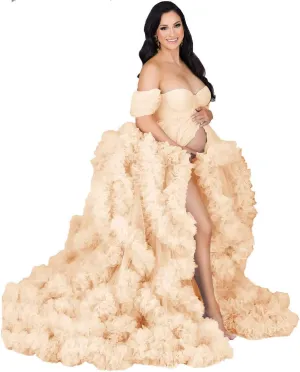 Women's Tulle Maternity Gown for Photoshoot Sheer Ruffled Babyshower Bridal Lingerie Bathgown