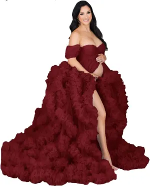 Women's Tulle Maternity Gown for Photoshoot Sheer Ruffled Babyshower Bridal Lingerie Bathgown