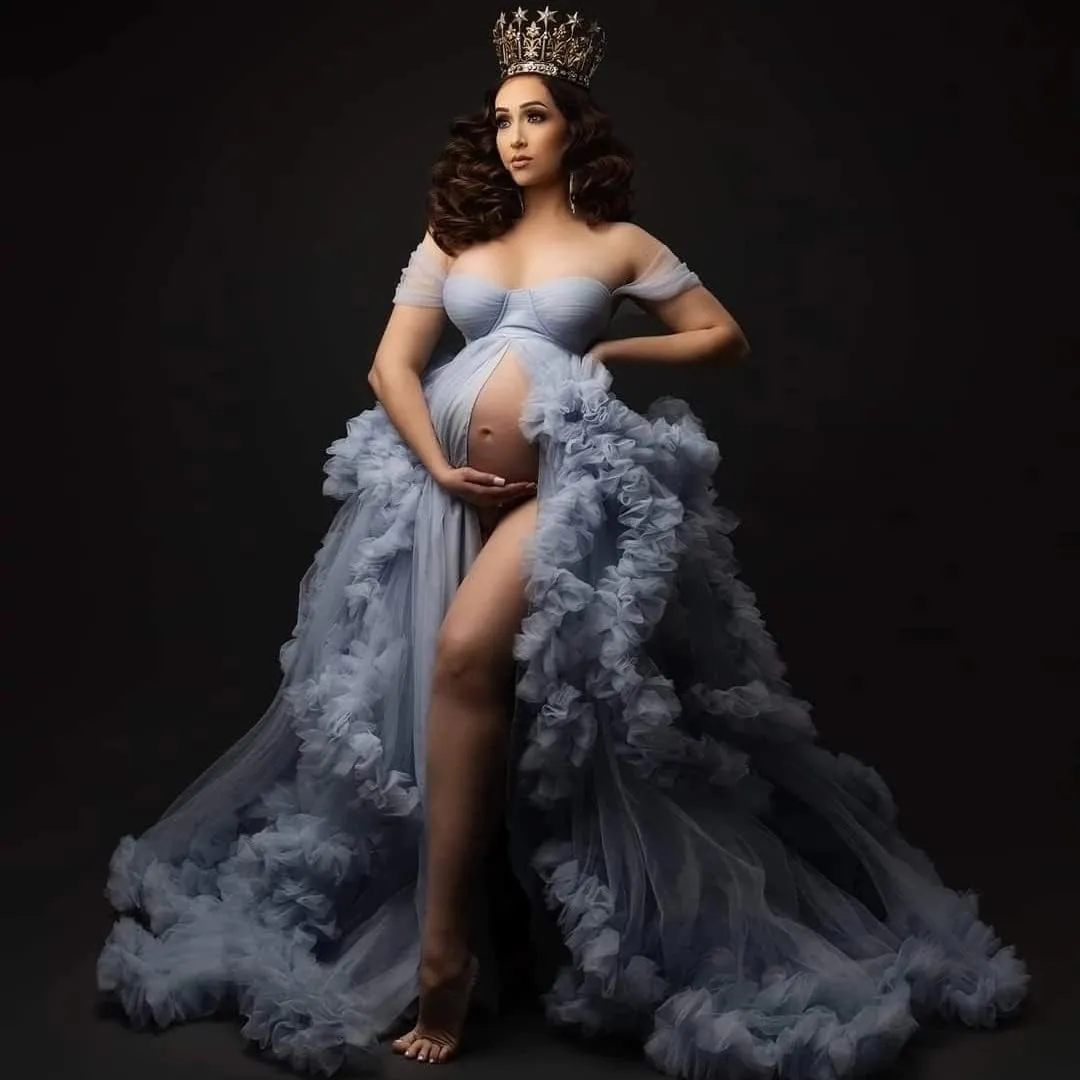 Women's Tulle Maternity Gown for Photoshoot Sheer Ruffled Babyshower Bridal Lingerie Bathgown