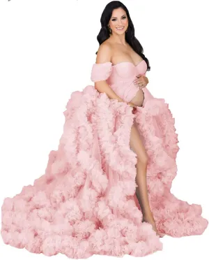 Women's Tulle Maternity Gown for Photoshoot Sheer Ruffled Babyshower Bridal Lingerie Bathgown