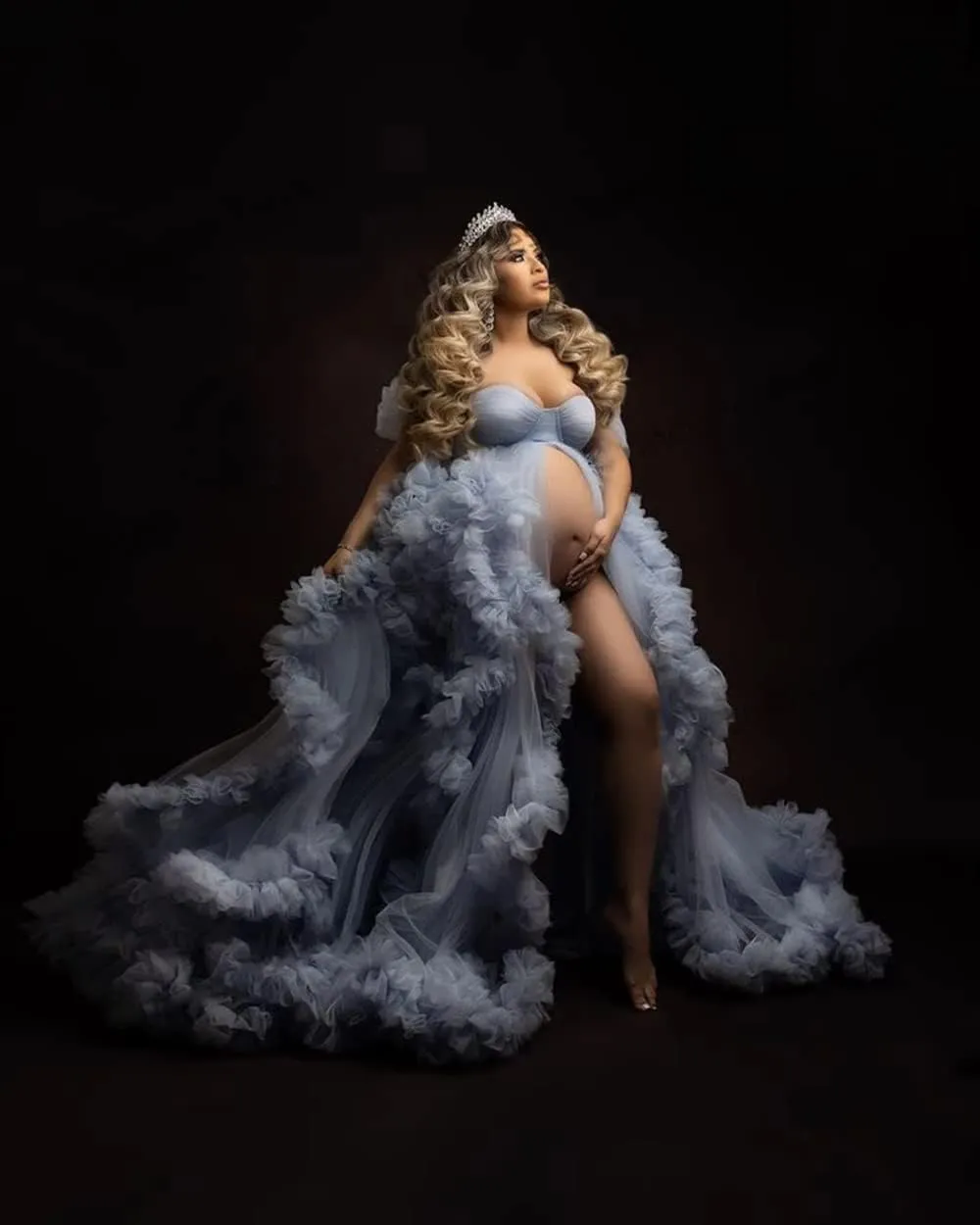 Women's Tulle Maternity Gown for Photoshoot Sheer Ruffled Babyshower Bridal Lingerie Bathgown