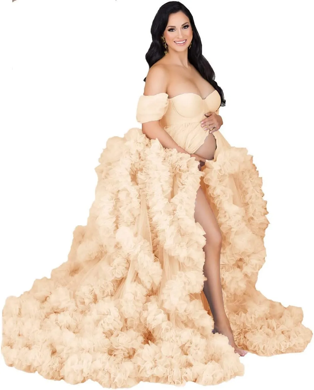Women's Tulle Maternity Gown for Photoshoot Sheer Ruffled Babyshower Bridal Lingerie Bathgown
