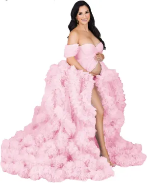 Women's Tulle Maternity Gown for Photoshoot Sheer Ruffled Babyshower Bridal Lingerie Bathgown