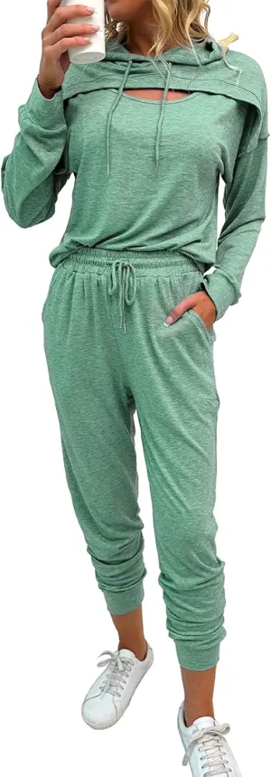 Womens Two Piece Tracksuit Outfits Hoodies Jogger Sweatsuit Lounge Sets with Pockets