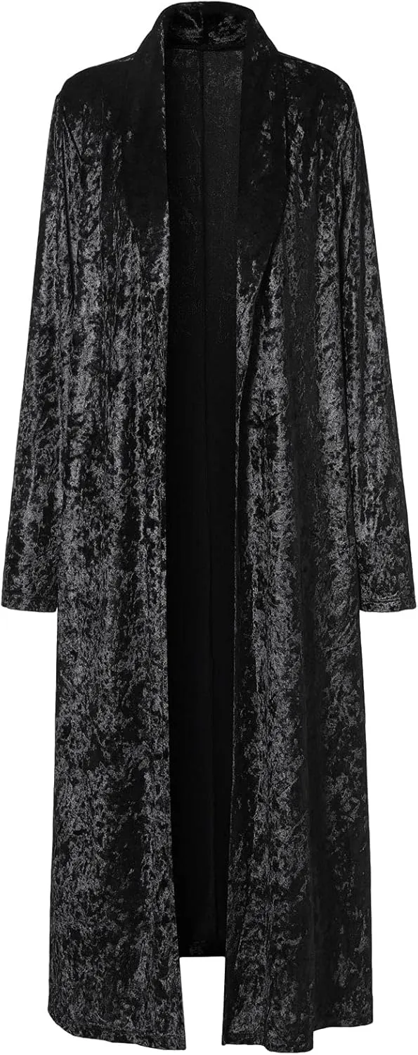 Women's Velvet Lapel Collar Open Front Long Cardigan Trench Coat
