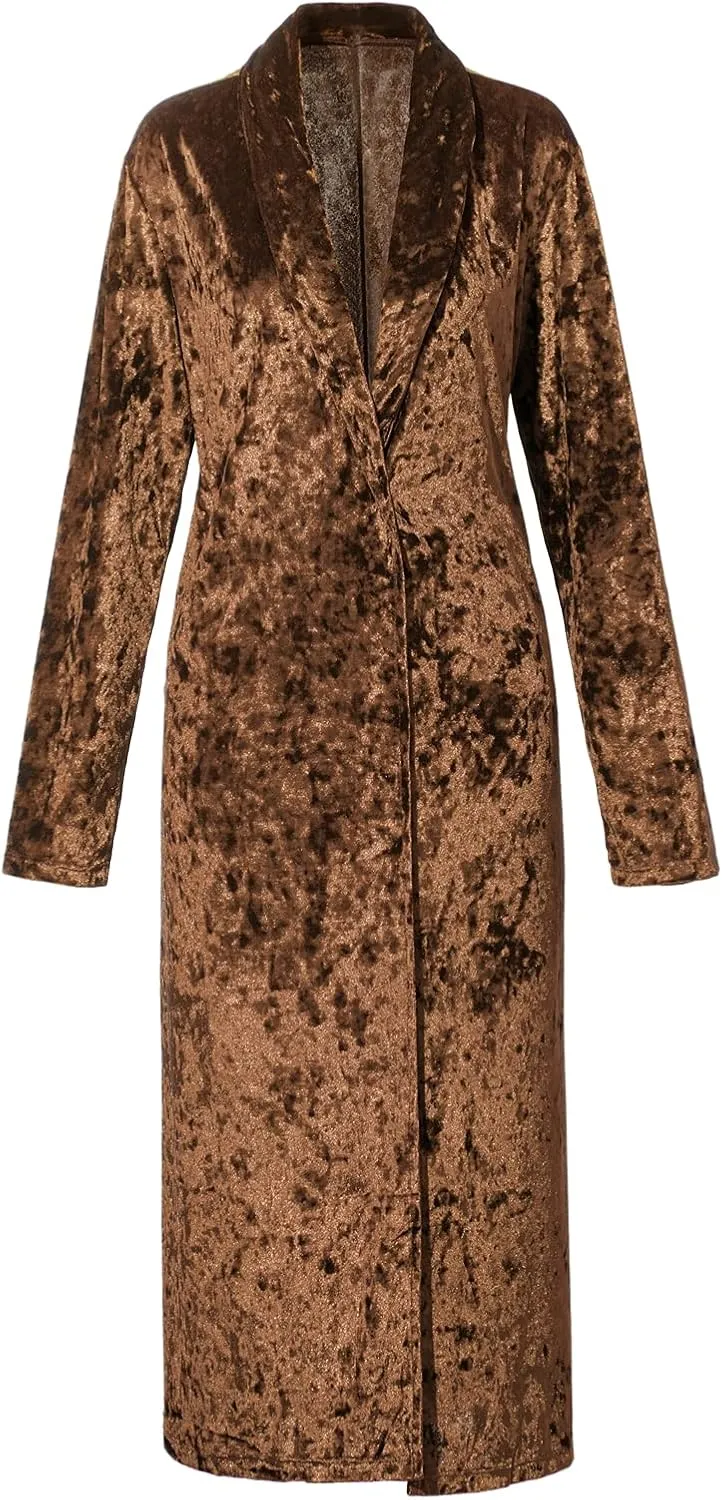 Women's Velvet Lapel Collar Open Front Long Cardigan Trench Coat