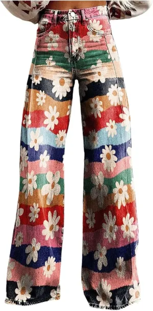 Womens Vintage Wide Leg Fashion High Waisted Casual Denim Pants 90s Floral Printed Pull On Baggy Trousers 3