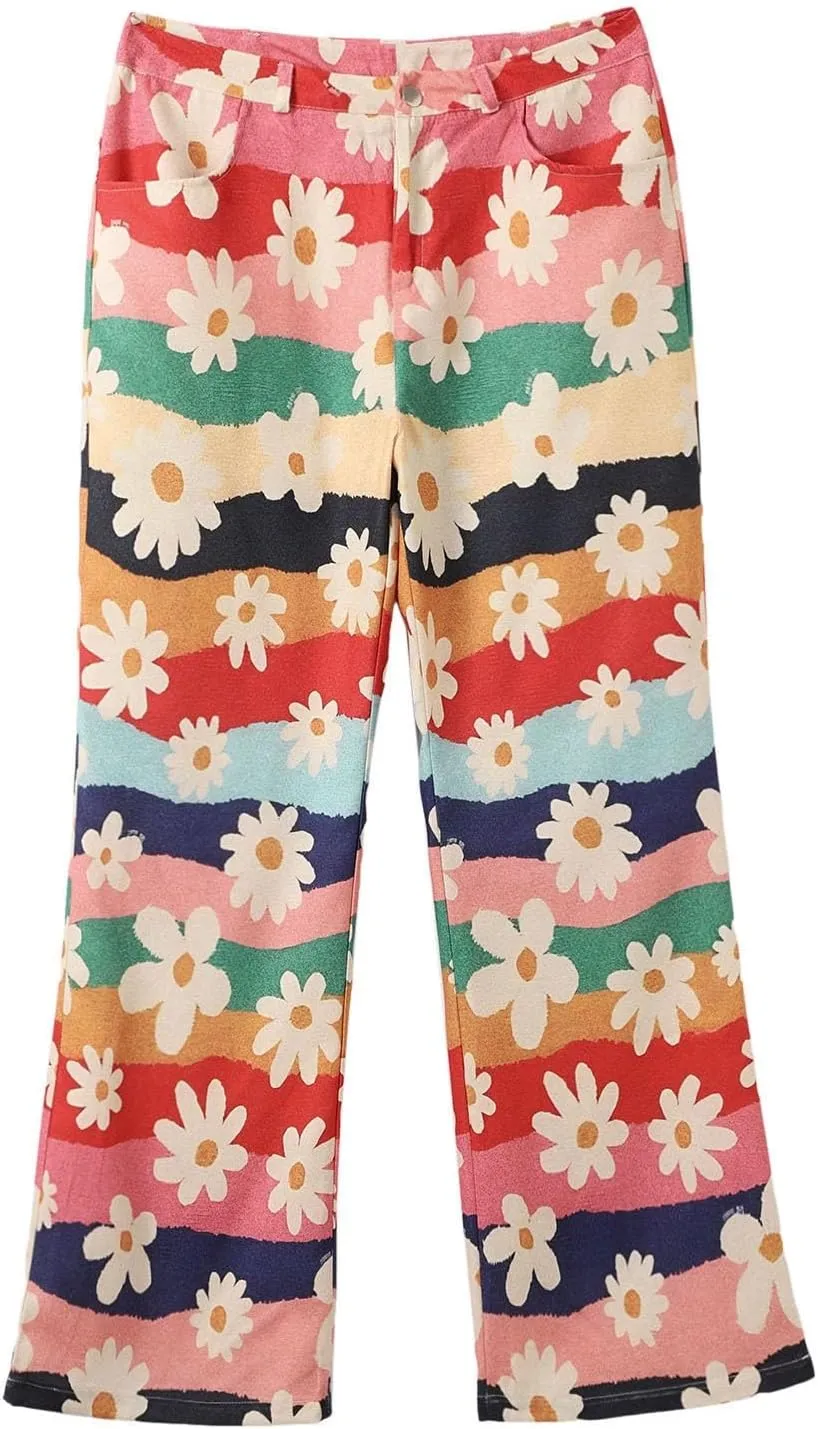 Womens Vintage Wide Leg Fashion High Waisted Casual Denim Pants 90s Floral Printed Pull On Baggy Trousers 3