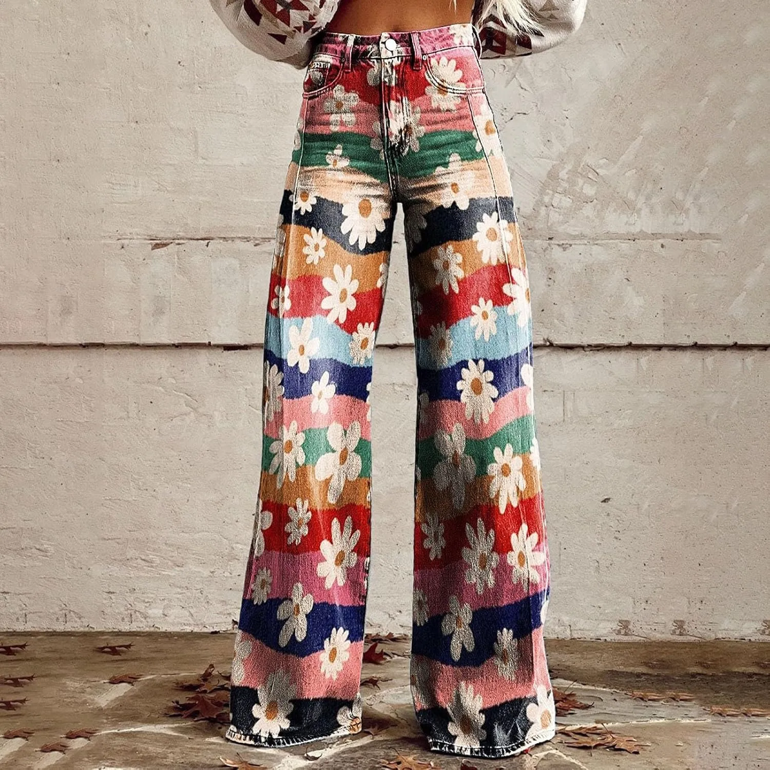 Womens Vintage Wide Leg Fashion High Waisted Casual Denim Pants 90s Floral Printed Pull On Baggy Trousers 3