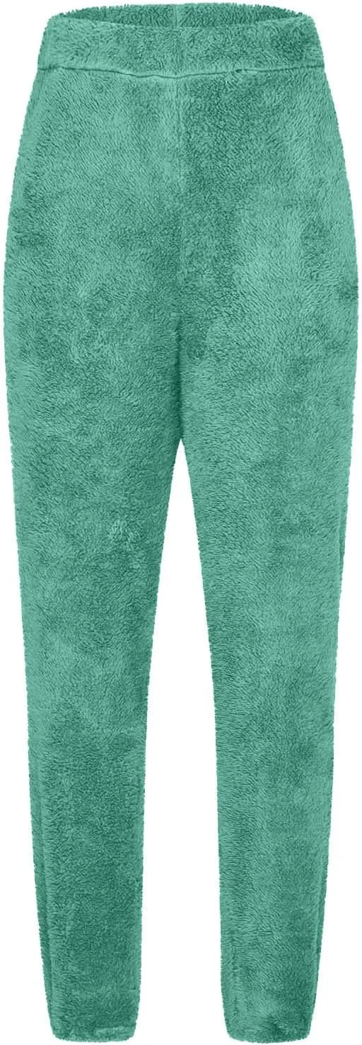 Women's Winter Warm Fleece Joggers Pants Elastic Waist Comfy Warm Lounge Sweatpants Sherpa Lined Fluffy Pajama Pants