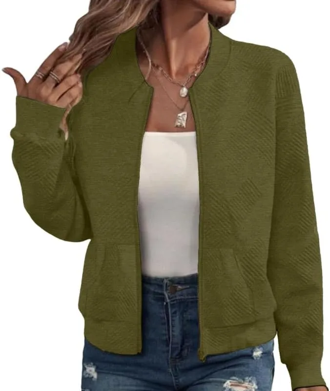 WROLEM Women Zip Up Sweatshirts with Pockets Long Sleeve Jackets Casual Loose Stand Collar Lightweight Short Outwear