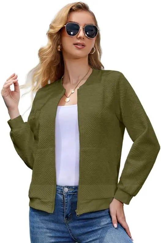 WROLEM Women Zip Up Sweatshirts with Pockets Long Sleeve Jackets Casual Loose Stand Collar Lightweight Short Outwear