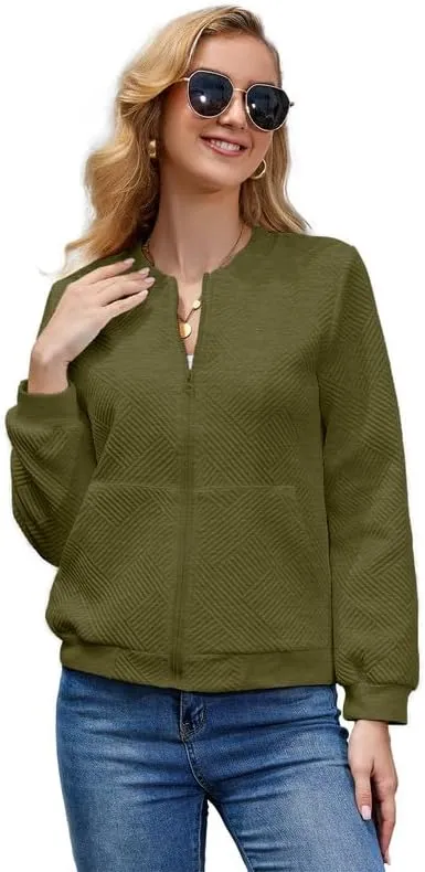 WROLEM Women Zip Up Sweatshirts with Pockets Long Sleeve Jackets Casual Loose Stand Collar Lightweight Short Outwear