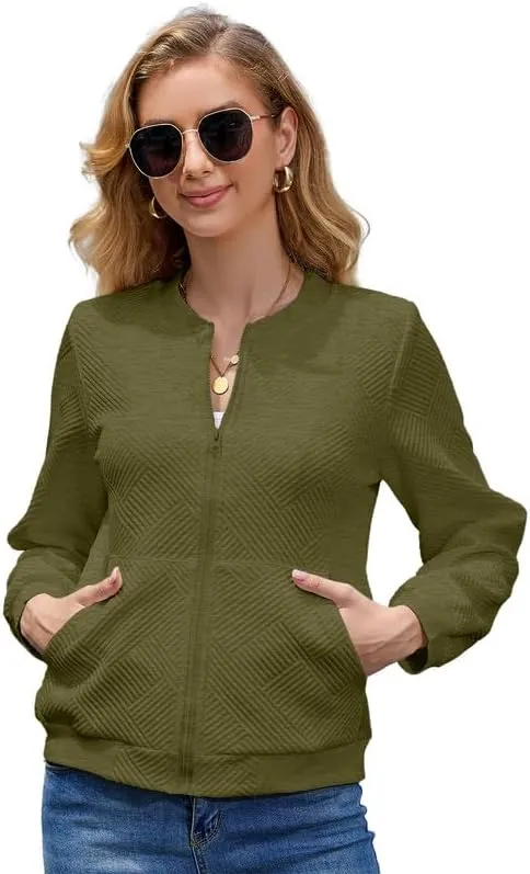 WROLEM Women Zip Up Sweatshirts with Pockets Long Sleeve Jackets Casual Loose Stand Collar Lightweight Short Outwear
