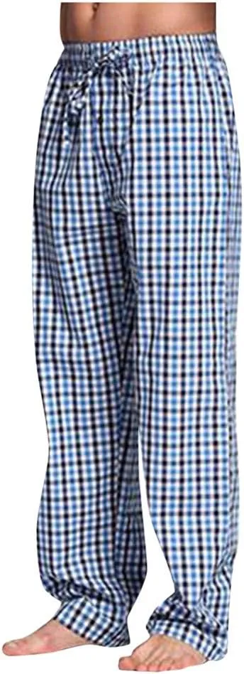 WUAI-Men Casual Plaid Comfy Pants Elastic Waist Loose Cotton Pajama Sleep Lounge Pants