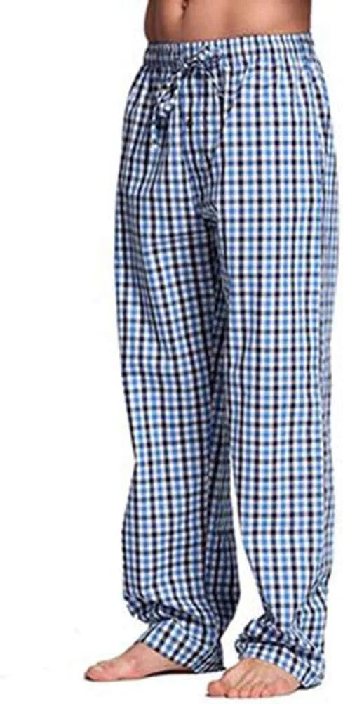 WUAI-Men Casual Plaid Comfy Pants Elastic Waist Loose Cotton Pajama Sleep Lounge Pants