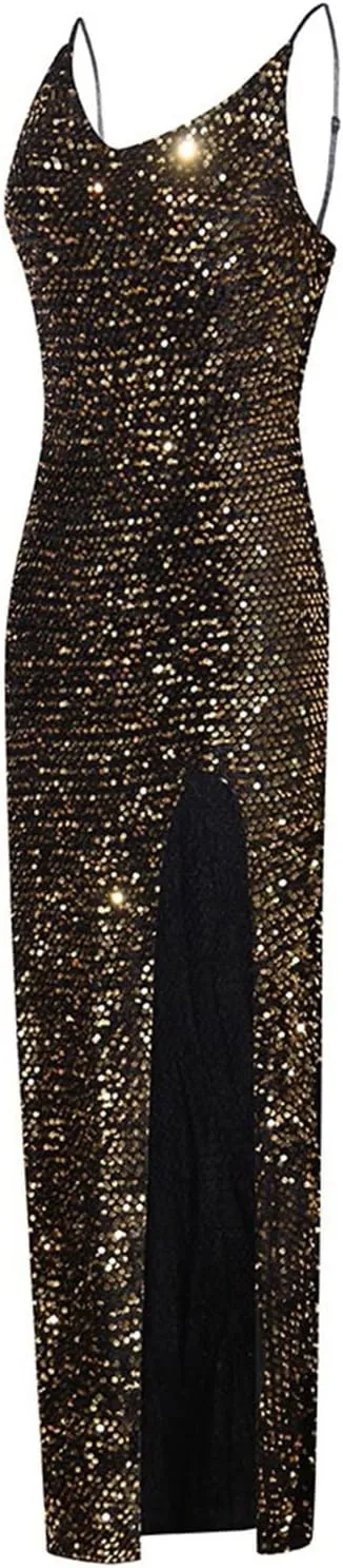 XUNRYAN Women Spaghetti Strap Sequin Dress Sexy Bodycon Camis Maxi Dresses High Slit Cocktail Evening Ball Gown Outfits