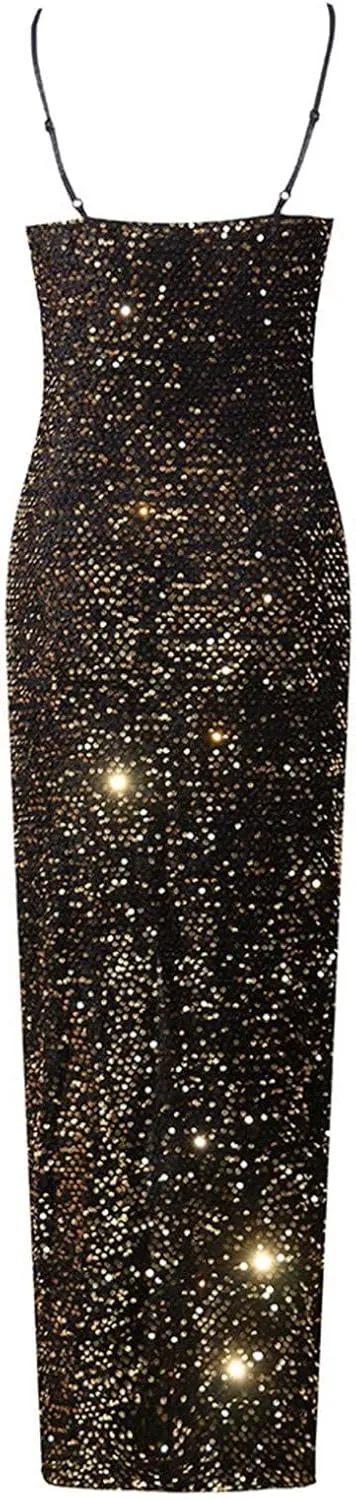 XUNRYAN Women Spaghetti Strap Sequin Dress Sexy Bodycon Camis Maxi Dresses High Slit Cocktail Evening Ball Gown Outfits