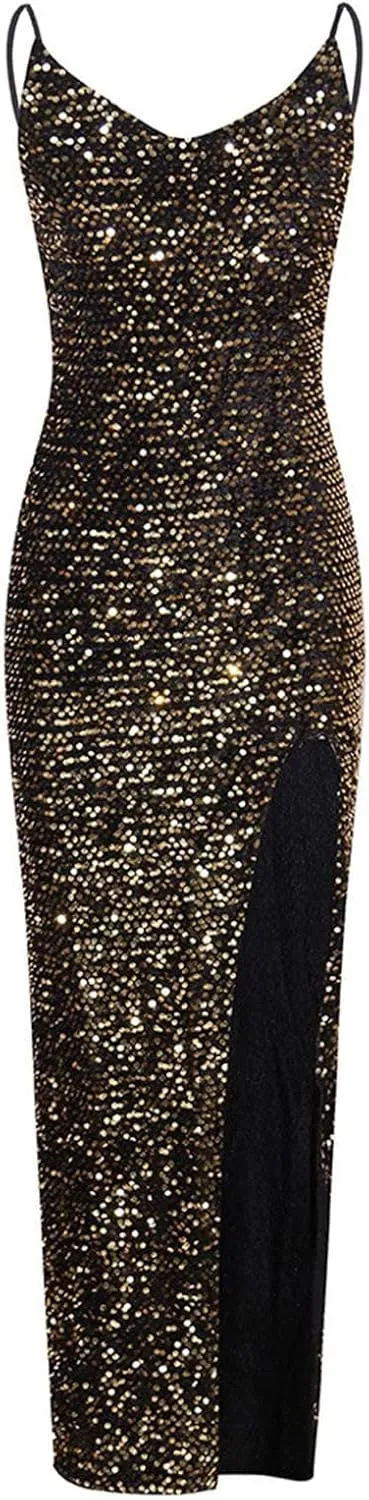 XUNRYAN Women Spaghetti Strap Sequin Dress Sexy Bodycon Camis Maxi Dresses High Slit Cocktail Evening Ball Gown Outfits