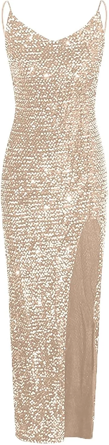 XUNRYAN Women Spaghetti Strap Sequin Dress Sexy Bodycon Camis Maxi Dresses High Slit Cocktail Evening Ball Gown Outfits