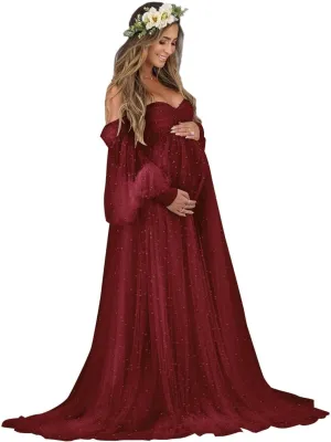 Yexinbridal Women's Pearl Tulle Maternity Robes Long Puffy Sleeves for Photoshoot Off Shoulder Bridal Dressing