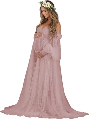 Yexinbridal Women's Pearl Tulle Maternity Robes Long Puffy Sleeves for Photoshoot Off Shoulder Bridal Dressing
