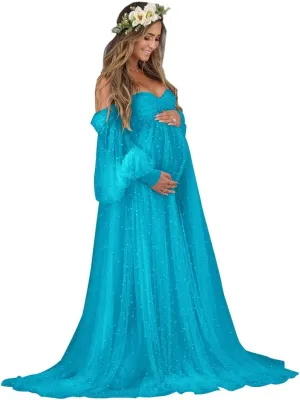 Yexinbridal Women's Pearl Tulle Maternity Robes Long Puffy Sleeves for Photoshoot Off Shoulder Bridal Dressing