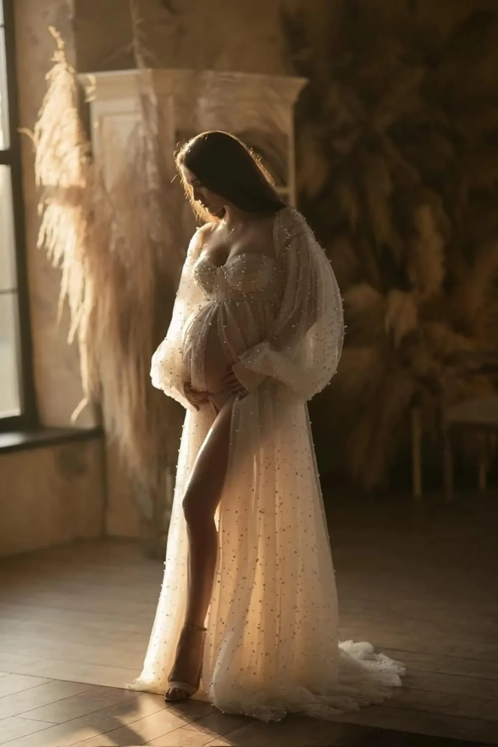 Yexinbridal Women's Pearl Tulle Maternity Robes Long Puffy Sleeves for Photoshoot Off Shoulder Bridal Dressing