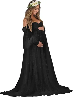 Yexinbridal Women's Pearl Tulle Maternity Robes Long Puffy Sleeves for Photoshoot Off Shoulder Bridal Dressing