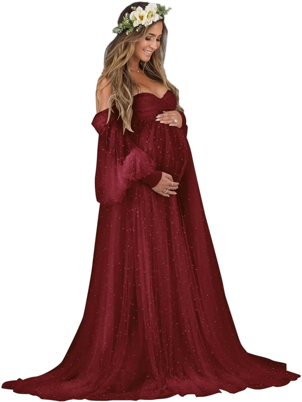 Yexinbridal Women's Pearl Tulle Maternity Robes Long Puffy Sleeves for Photoshoot Off Shoulder Bridal Dressing