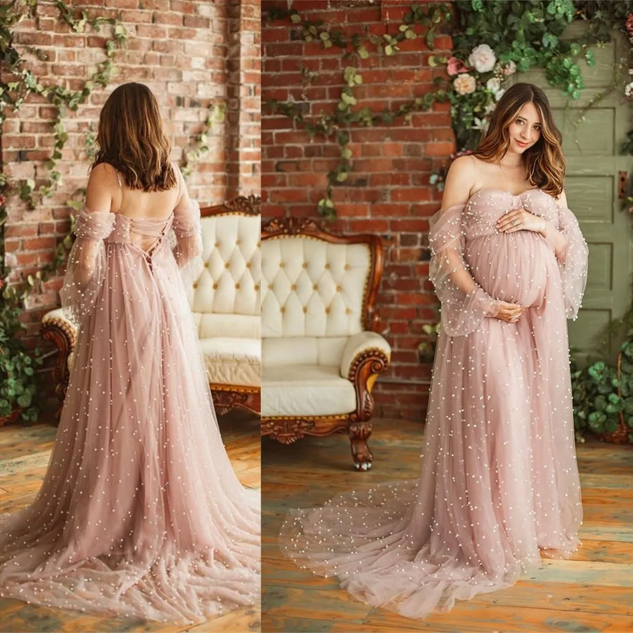 Yexinbridal Women's Pearl Tulle Maternity Robes Long Puffy Sleeves for Photoshoot Off Shoulder Bridal Dressing