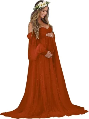 Yexinbridal Women's Pearl Tulle Maternity Robes Long Puffy Sleeves for Photoshoot Off Shoulder Bridal Dressing