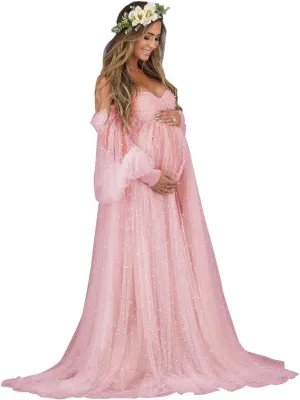 Yexinbridal Women's Pearl Tulle Maternity Robes Long Puffy Sleeves for Photoshoot Off Shoulder Bridal Dressing