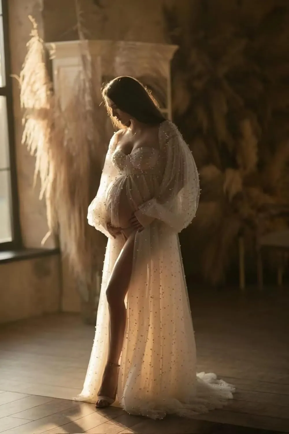 yinyyinhs Pearl Tulle Maternity Dress for Photoshoot Long Puffy Sleeve Off Shoulder Pregnancy Gowns BabyShower Dresses