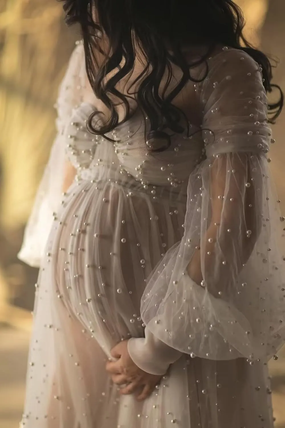yinyyinhs Pearl Tulle Maternity Dress for Photoshoot Long Puffy Sleeve Off Shoulder Pregnancy Gowns BabyShower Dresses